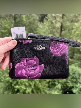 COACH Corner Zip Wristlet in Purple Rose Floral Print CCJ70 NWT AUTHENTIC
